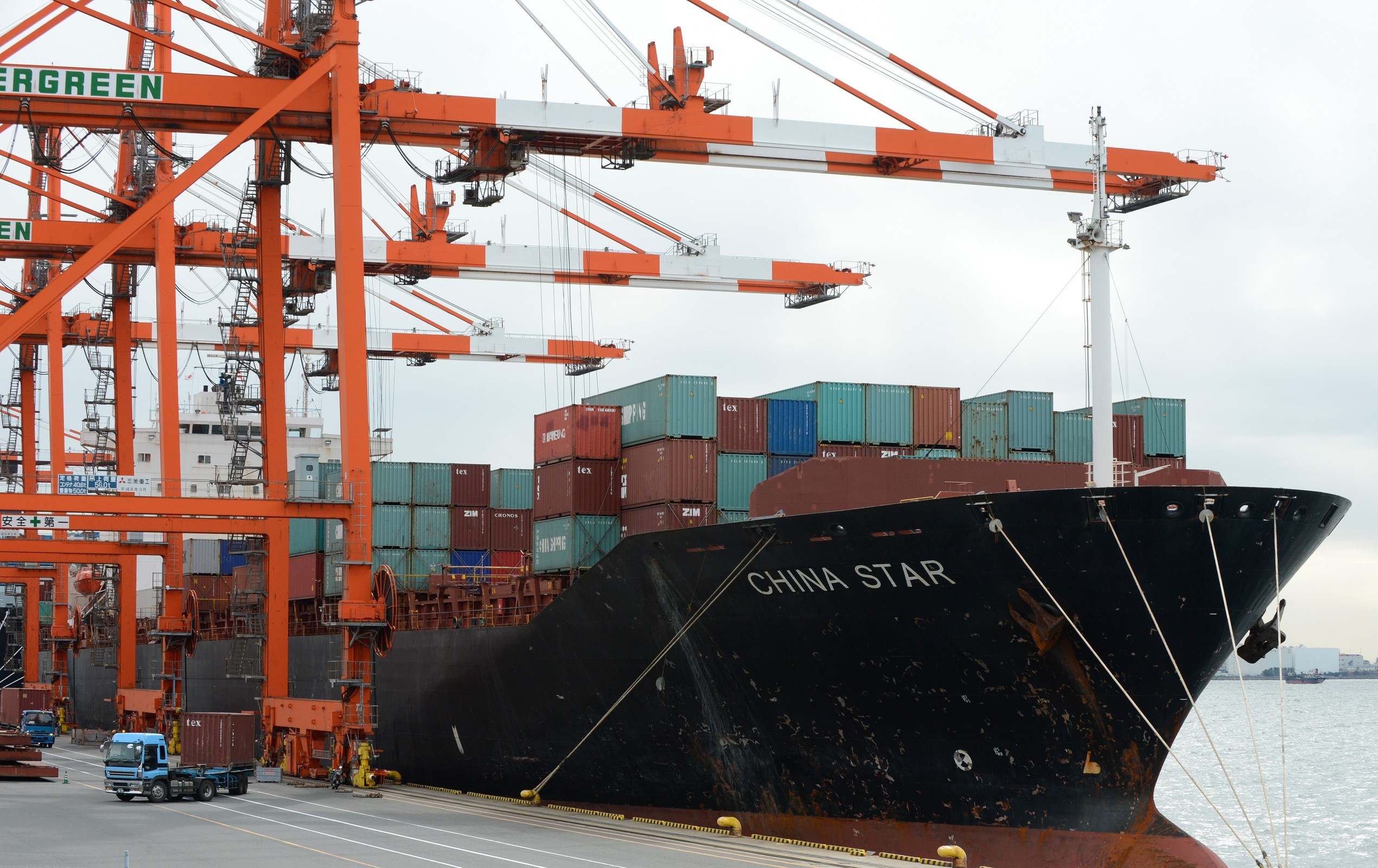 Container ship seen at a pier in Tokyo on February 8, 2013.
