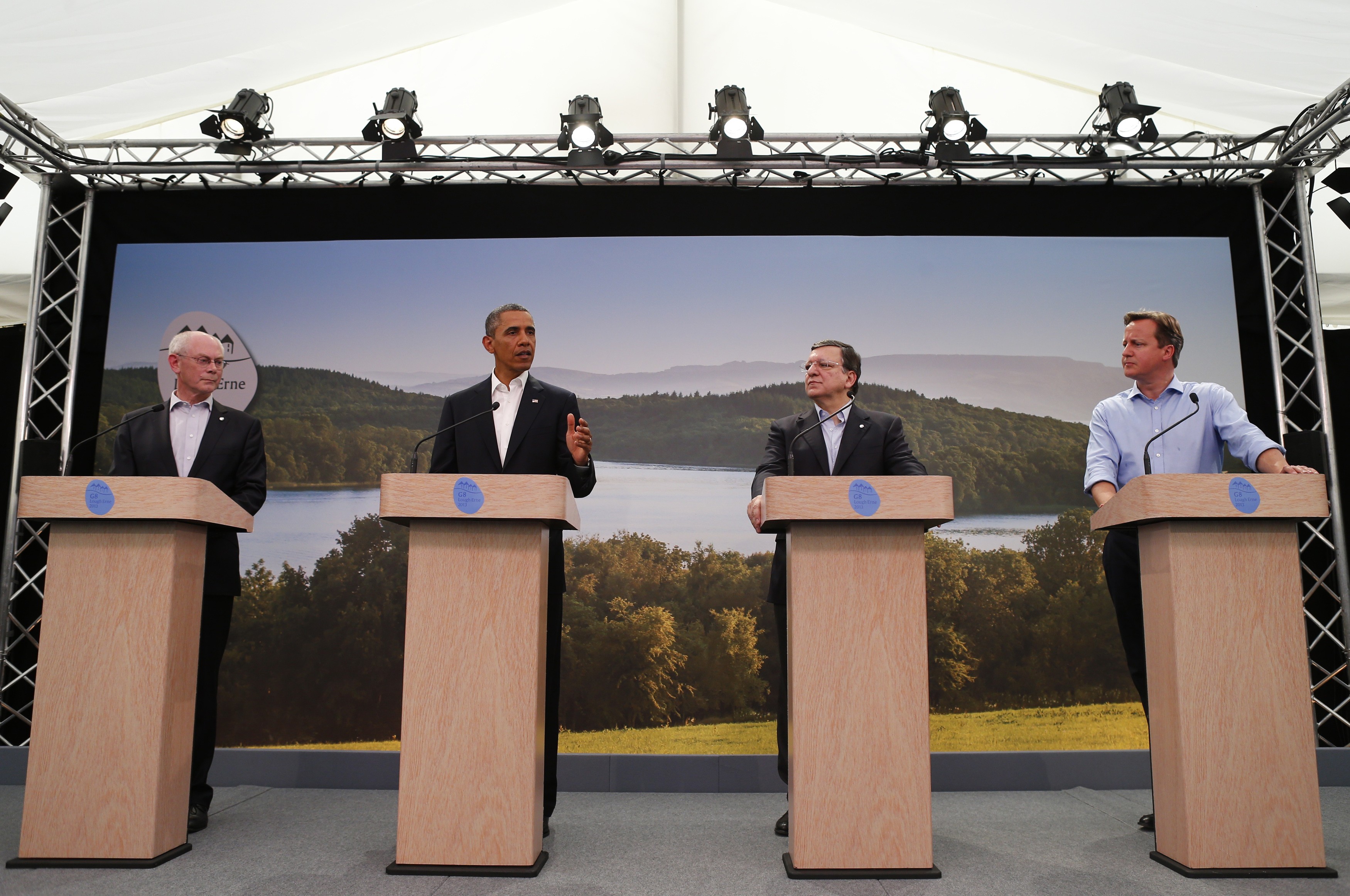 U.S. President Barack Obama and Britain's Prime Minister David Cameron attend a news conference with European Union officials at the G8 summit in Enniskillen