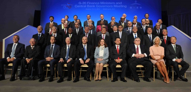 G-20 Finance Ministers and Central Bank Governors pose for the G-20 family photograph during the World Bank/IMF Annual Meetings in October. Photo: AFP/Getty Images