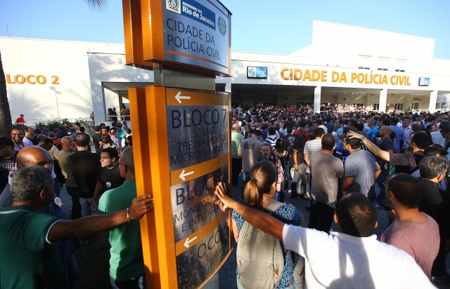 Civil police personnel gather in front of their headquarters while conducting a one-day strike on May 21, 2024 in Rio de Janeiro, Brazil. AFP/Getty Images