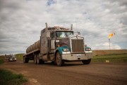 Heavy trucks like this one  outside Watford City, North Dakota, July 23, 2013, are prime candidates to switch to RNG. Andrew Burton/Getty Images