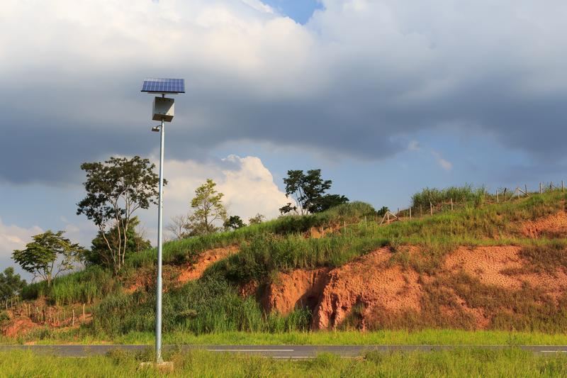 Solar panel on electric pole on road for lightning in countryside, use of Solar energy, Rio de Janeiro, Brazil. Getty Images