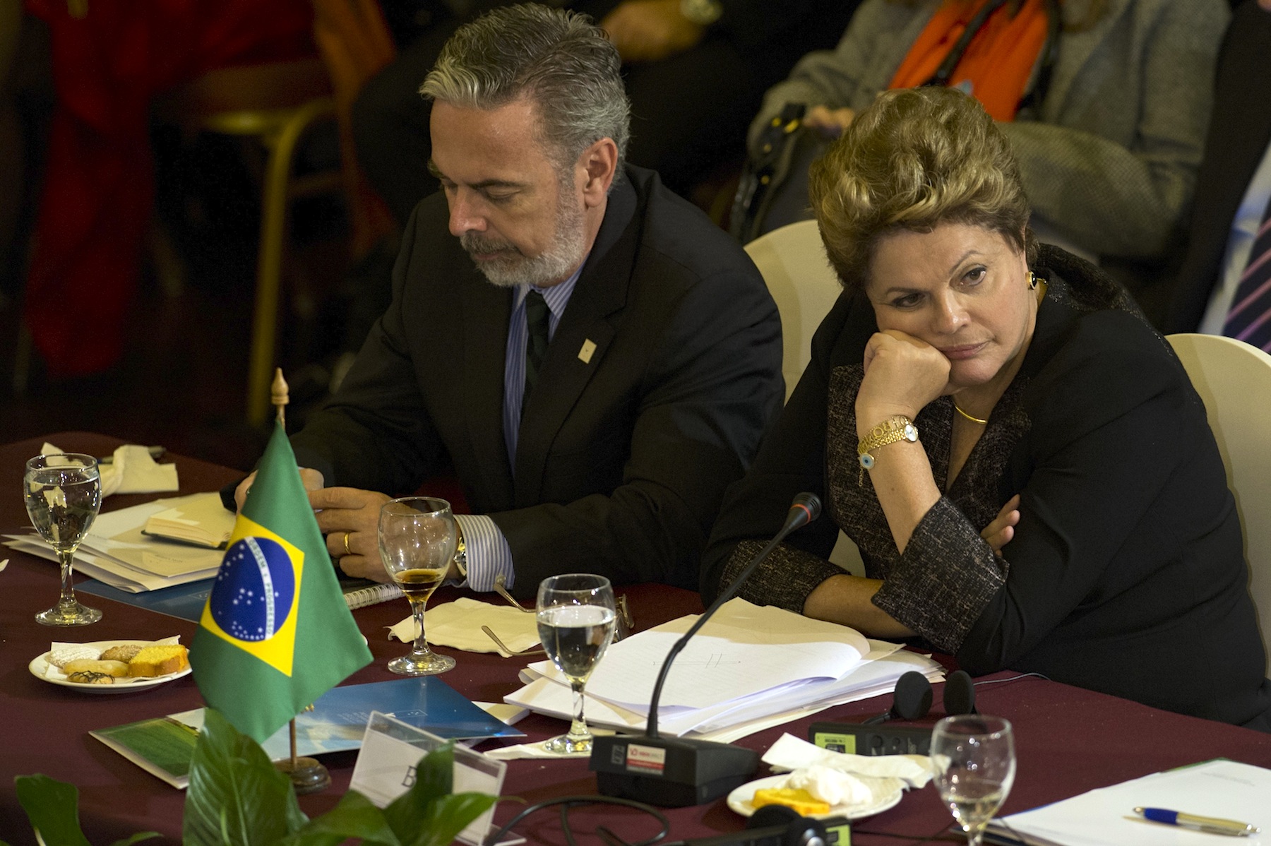 Brazil's President Dilma Rousseff (R) and her foreign minister Antonio Patriota are pictured during the XLV Mercosur Summit, at the headquarters of the bloc in Montevideo on July 12, 2013.