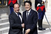French President Francois Hollande welcomes Japanese Prime Minister Shinzo Abe at the Elysee presidential palace on May 5, 2024 in Paris, France. Japanese Prime Minister Shinzo Abe arrived in France on May 4 on the latest leg of a six-nation European tour for trade and security talks at a time of mounting tensions with China. (Photo by Chesnot/Getty Images)