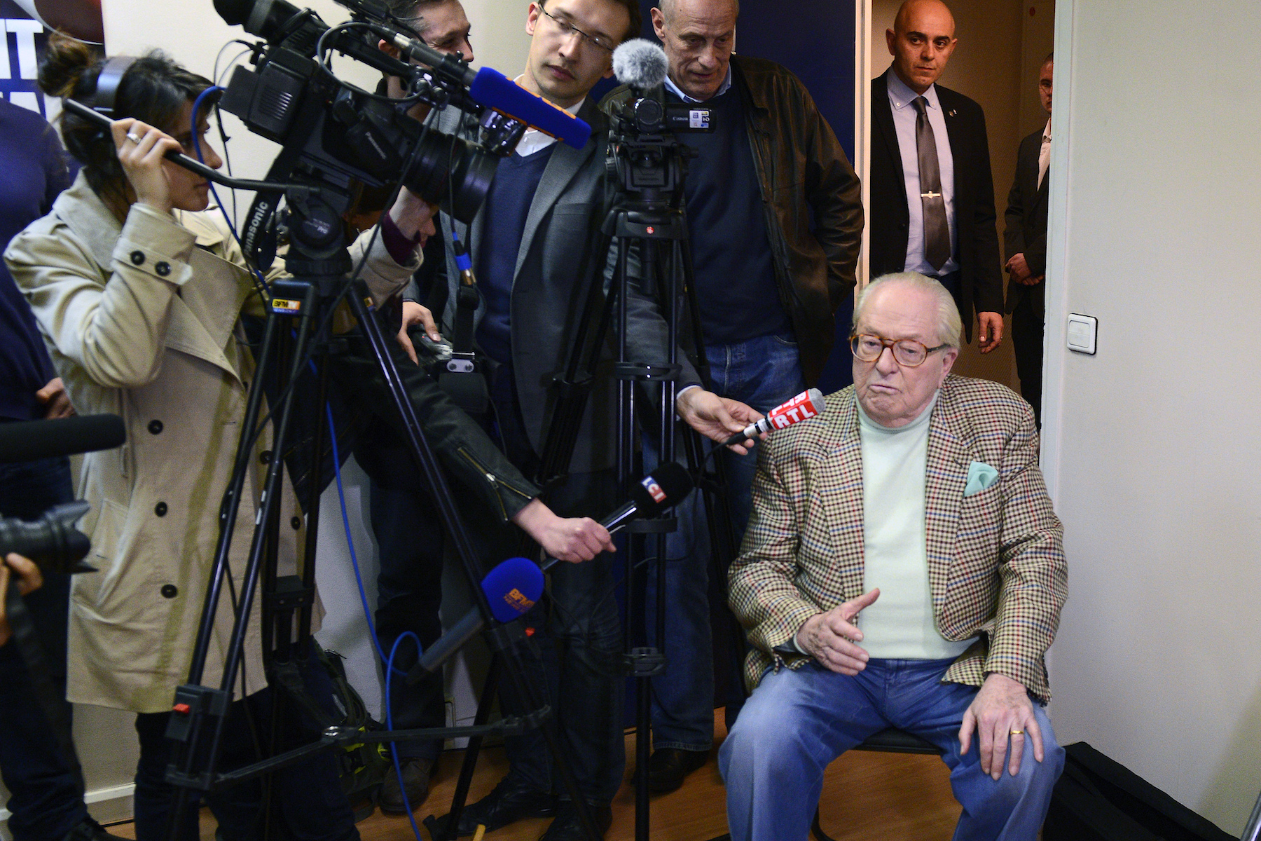 Former president of the National Front party (FN) Jean Maris Le Pen speaks with journalists before a press conference by his daughter, Marine Le Pen, after the first round of France's municipal election on March 23, 2024 in Nanterre, France. The anti-immigrant National Front made noteable gains in first-round voting as citizens pushed back against President Hollande and his left-wing allies. (Photo by Frederic Stevens/Getty Images)