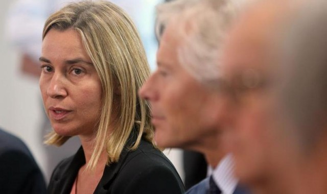 Italian Foreign Minister Federica Mogherini inspects the new hospital building June 8, 2024 at Azraq refugee camp near Azraq city, 100 Km east of the Jordanian capital Amman.