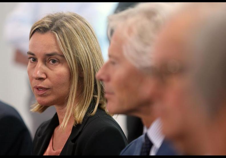 Italian Foreign Minister Federica Mogherini inspects the new hospital building June 8, 2024 at Azraq refugee camp near Azraq city, 100 Km east of the Jordanian capital Amman.