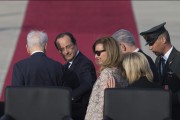 Israeli President Shimon Peres (L) and Israeli Prime Minister Benjamin Netanyahu (R), welcome French President Francois Hollande (C) and his companion Valerie Trierweiler upon their arrival at Ben Gurion International Airport on November 17, 2024 in Tel Aviv, Israel. Uriel Sinai/Getty Images