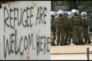 Riot police occupy the site of the former temporary refugee camp at Oranienplatz in Kreuzberg district on April 8, 2024 in Berlin, Germany.