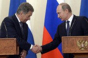 Russian President Vladimir Putin (R) shakes hands with his Finnish counterpart Sauli Niinisto during a joint press conference following their meeting at the Novo-Ogaryovo residence, outside Moscow, on June 16, 2015. ALEXANDER NEMENOV/AFP/Getty Images