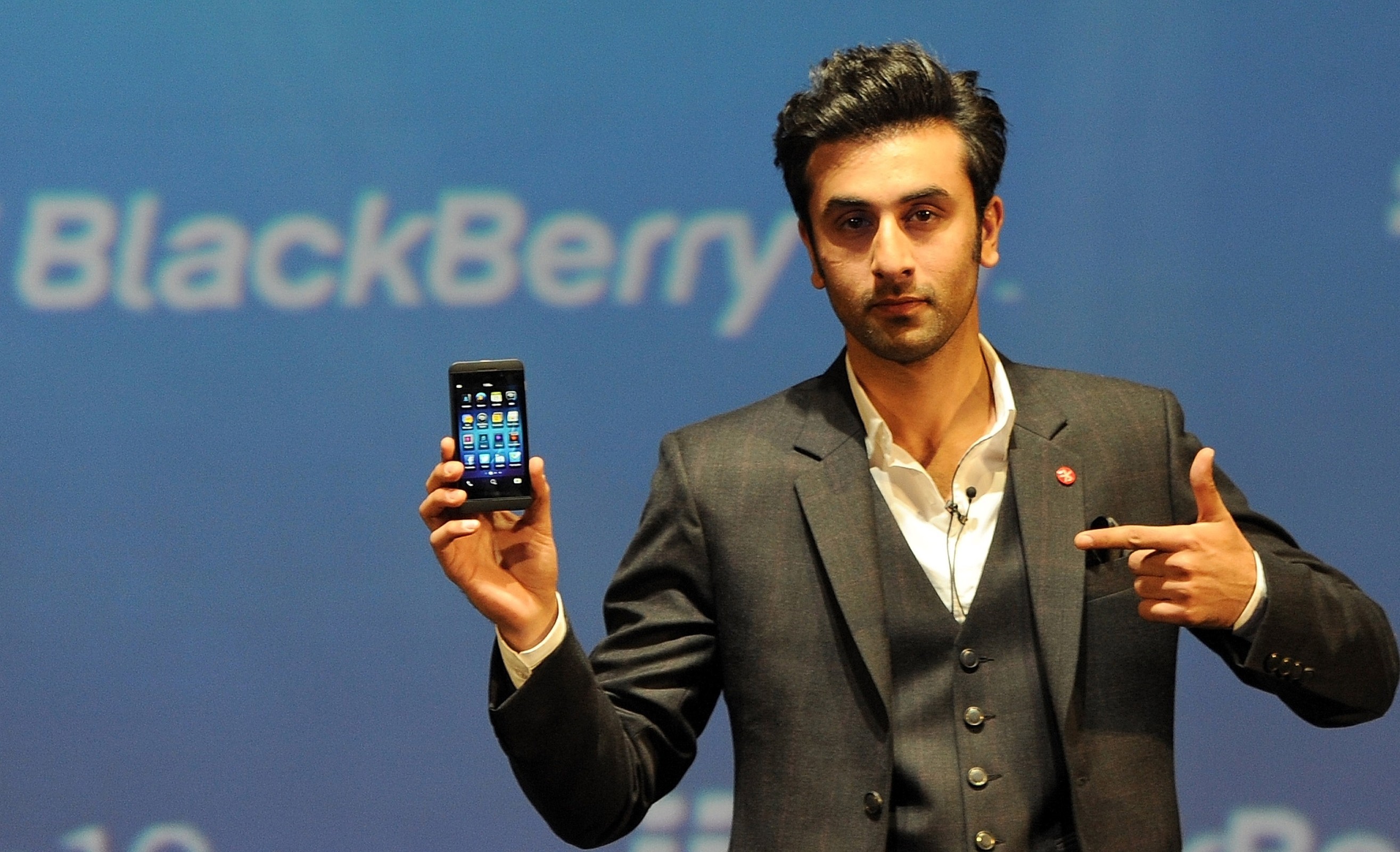 Bollywood film actor and BlackBerry brand ambassador, Ranbir Kapoor poses with the BlackBerry Z10 at the country launch of the BlackBerry Z10 in Mumbai on February 25, 2013.