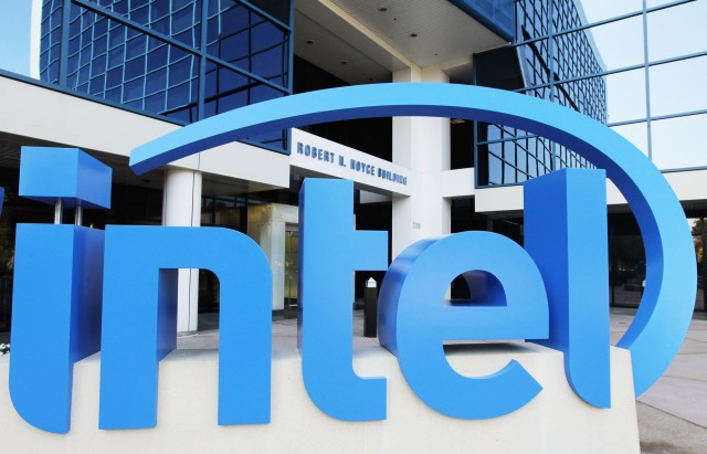 The Intel logo is displayed outside of an Intel office. Getty/ Justin sullivan