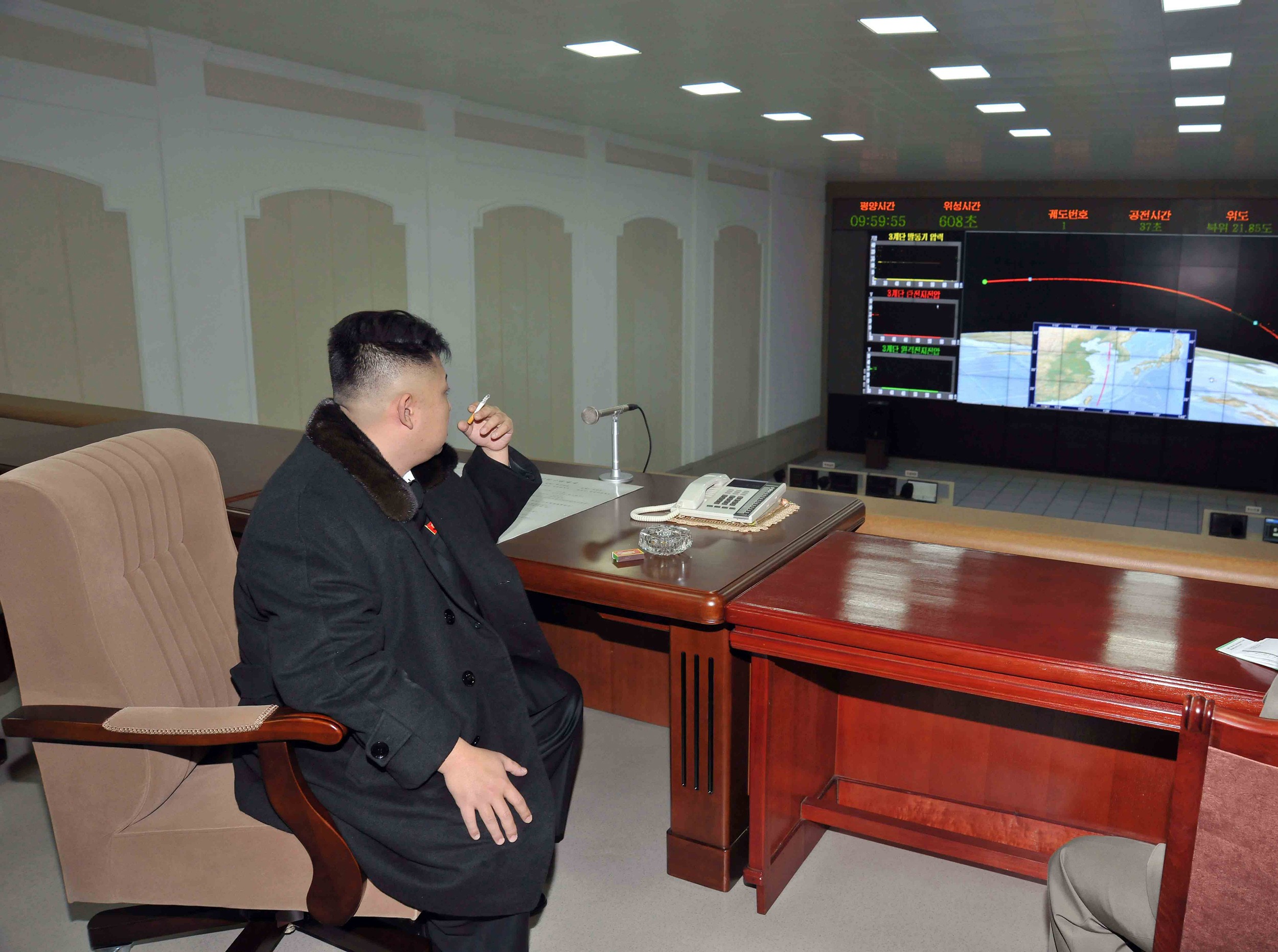 North Korean leader Kim Jong-Un smokes a cigarette at the General Satellite Control and Command Center after the launch of the Unha-3 (Milky Way 3) rocket carrying the second version of Kwangmyongsong-3 satellite at West Sea Satellite Launch Site in Cholsan county, North Pyongan province in this December 12, 2024 file photo, released by the North Korea's KCNA news agency in Pyongyang December 13, 2012. REUTERS/KCNA