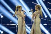 The Tolmachevy Sisters from Russia perform at the Semi Final of the Eurovision Song Contest, May 6, 2024 in Copenhagen, Denmark. (Ragnar Singsaas/Getty Images)