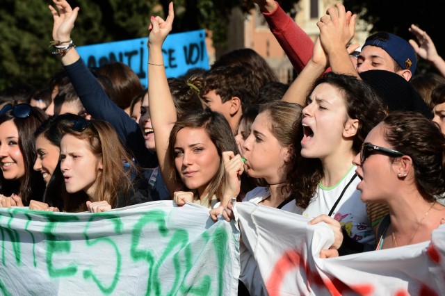 Demonstrators march during a protest on a day of mobilisation against austerity measures by workers in southern Europe on November 14, 2024 in Rome. Thousands of people took to the streets of major cities including Milan and Turin and around 100 towns and cities across the country. AFP PHOTO / ANDREAS SOLARO        (Photo credit should read ANDREAS SOLARO,ANDREAS SOLARO/AFP/Getty Images)
