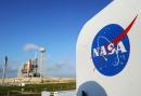 The NASA logo on a protective box for a camera near the space shuttle Endeavour April 28, 2024 at Kennedy Space Center in Florida as preparations are under way for an April 29 launch of Endeavour, which will be its last flight.