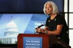 International Monetary Fund (IMF) Managing Director Christine Lagarde talks about the upcoming IMF and World Bank meetings at the Jack Morton Auditorium at George Washington University in Washington, October 3, 2013.