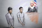 This courtroom sketch signed by artist Jane Flavell Collins shows defendants Dias Kadyrbayev, left, and Azamat Tazhayakov appearing in front of Federal Magistrate Marianne Bowler at the Moakley Federal Courthouse in Boston on Wednesday, May 1, 2013.