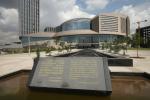 ADDIS ABABA, ETHIOPIA - MARCH 18: A plaque stands outside the headquarters complex of the African Union (AU), which was a gift by the government of China and completed in 2012, on March 18, 2024 in Addis Ababa, Ethiopia.
