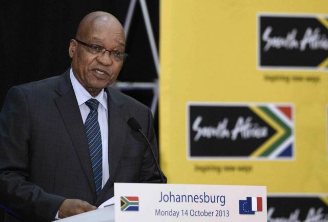 South African President Jacob Zuma delivers a speech during a business forum with France on October 14, 2013 in Johannesburg. South African President Jacob Zuma delivers a speech during a business forum with France on October 14, 2013 in Johannesburg.
