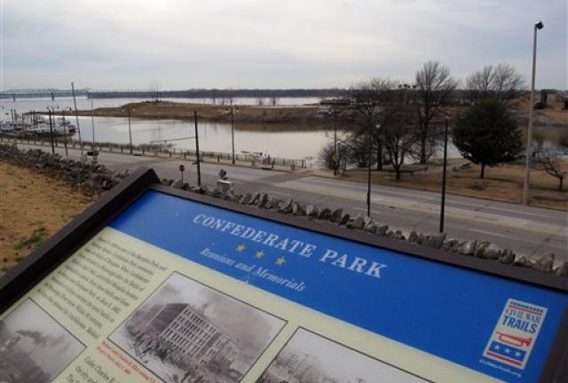 In this Wednesday, Feb. 6, 2013 photo, Confederate Park in downtown Memphis provides a view of the Mississippi River on an overc