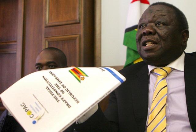 Zimbabwe Prime Minister and MDC leader Morgan Tsvangirai speaks to church leaders who were gathered at his offices during a meeting focused on the final draft constitution in Harare on March 15, 2013. 