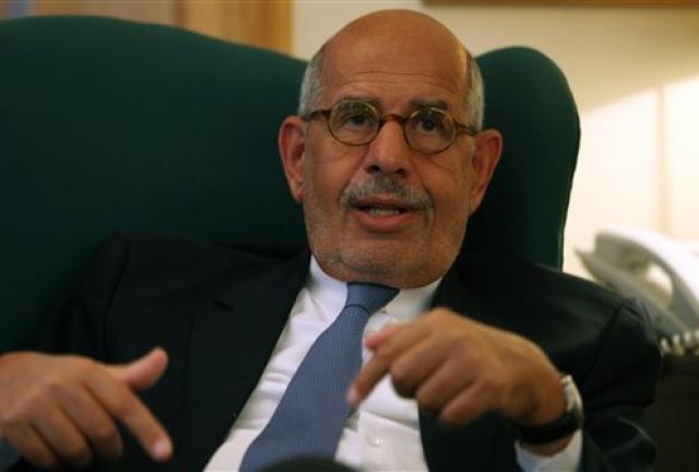Egypt's leading opposition leader Mohamed ElBaradei speaks to a small group of journalists including The Associated Press at his house in the outskirts of Cairo, Egypt. Tuesday, April 30, 2013. Egypt's leading opposition leader Mohamed ElBaradei speaks to a small group of journalists including The Associated Press at his house in the outskirts of Cairo, Egypt. Tuesday, April 30, 2013.