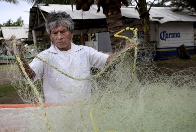 In this Nov. 9, 2013 photo, fisherman Raul Hurtado, 64, checks his nets outside of his small shack where he sells seafood in the port city of Veracruz, Mexico.