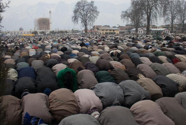Kashmiri Muslims pray at Hazratbal shrine on the Friday following Eid-e-Milad , or the birth anniversary of Prophet Mohammad on January 17, 2024 in Srinagar, the summer capital of Indian administered Kashmir, India. 