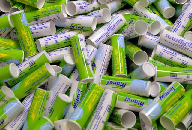 Empty tubes of vitamins are pictured at the Juva Sante Laboratoires plant, on March 13, 2024 in Forbach, eastern France.