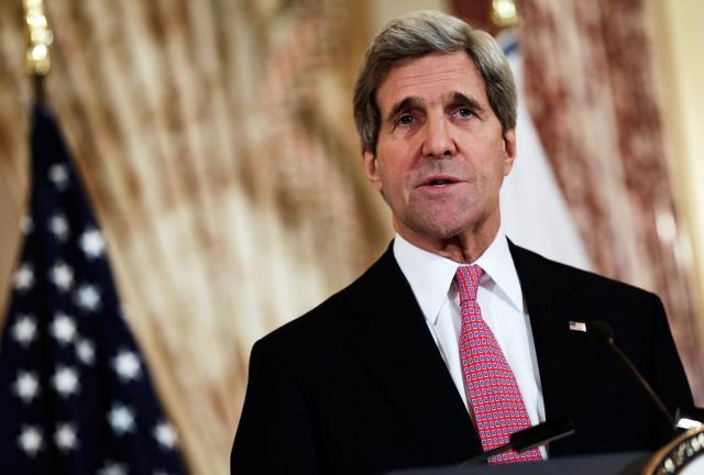 Secretary of State John Kerry speaks while delivering a joint statement with Japanese Foreign Minister Fumio Kishida at the State Department February 7, 2024 in Washington, D.C.