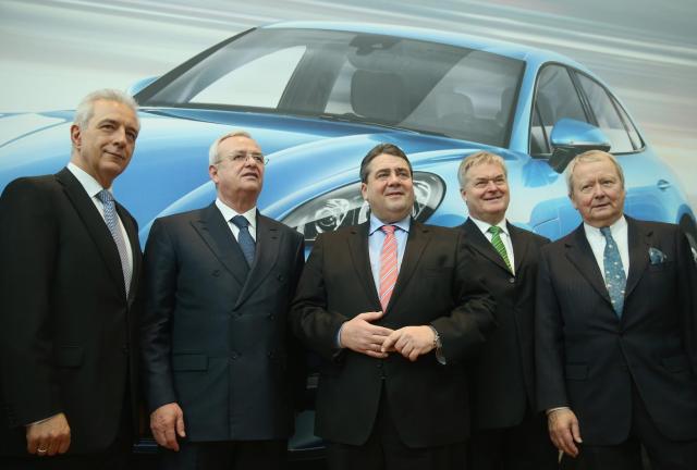Saxony Governor Stanislaw Tillich, Volkswagen Chairman Martin Winterkorn, German Vice Chancellor and Economy and Energy Minister Sigmar Gabriel, Porsche Leipzig Managing Director Siegfried Buelow and Porsche Governing Board Chairman Wolfgang Porsche attend the official opening of the new Porsche Macan factory at the Porsche plant on February 11, 2024 in Leipzig, Germany. 