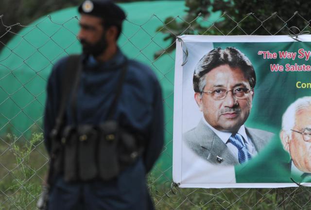 A Pakistani policeman stands guard next to a banner showing an image of former military ruler Pervez Musharraf near his residence in Islamabad on November 6, 2013. A Pakistan court granted bail to former military ruler Pervez Musharraf over a deadly raid on a radical mosque, bringing closer his possible release after more than six months of house arrest. A Pakistani policeman stands guard next to a banner showing an image of former military ruler Pervez Musharraf near his residence in Islamabad on November 6, 2013. A Pakistan court granted bail to former military ruler Pervez Musharraf over a deadly raid on a radical mosque, bringing closer his possible release after more than six months of house arrest.