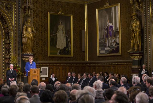 German Chancellor Angela Merkel addresses both Houses of Parliament in the Royal Gallery of the Palace of Westminster on February 27, 2014 in London, England. German Chancellor Angela Merkel addresses both Houses of Parliament in the Royal Gallery of the Palace of Westminster on February 27, 2014 in London, England.