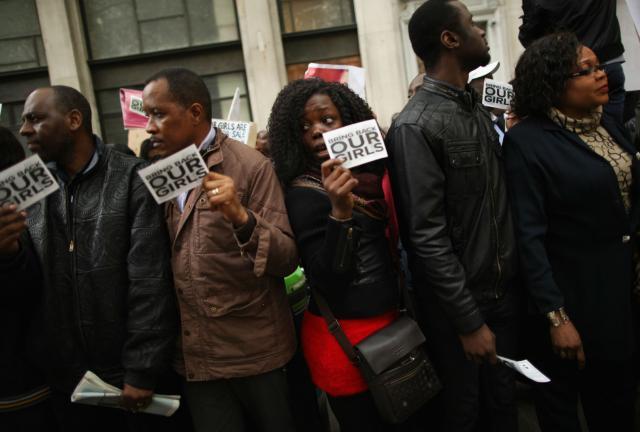 Protesters calling for the release of a group of abducted Nigerian schoolgirls gather outside Nigeria House on May 9, 2014 in London, England. Protesters calling for the release of a group of abducted Nigerian schoolgirls gather outside Nigeria House on May 9, 2014 in London, England.
