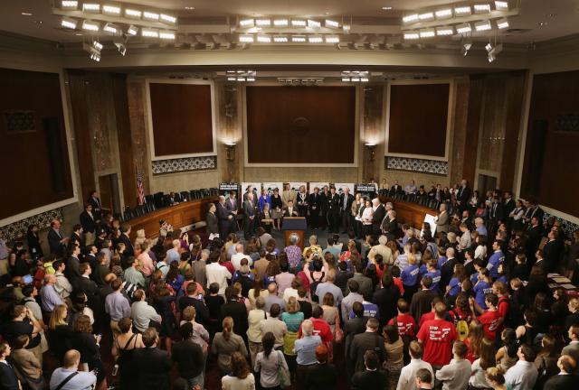 Hundreds of people join members of the House of Representatives and the Senate for a 'Wake Up Congress for Climate Action Rally' in the Dirksen Senate Office Building on Capitol Hill May 21, 2024 in Washington, DC. 