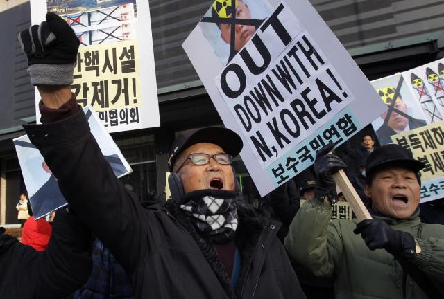 South Korean conservative protesters shout slogans during a anti North Korea protest marking the North Korean leader Kim Jong-Un's birthday on January 8, 2024 in Seoul, South Korea.