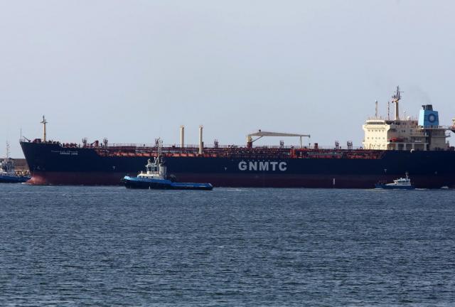 A picture taken on August 6, 2024 shows the Libyan oil tanker 'Anwar Libya', carrying more than 9 million litres of petrol, arriving at the port of Tripoli in an attempt to resolve the fuel crisis in the Libyan capital Tripoli.