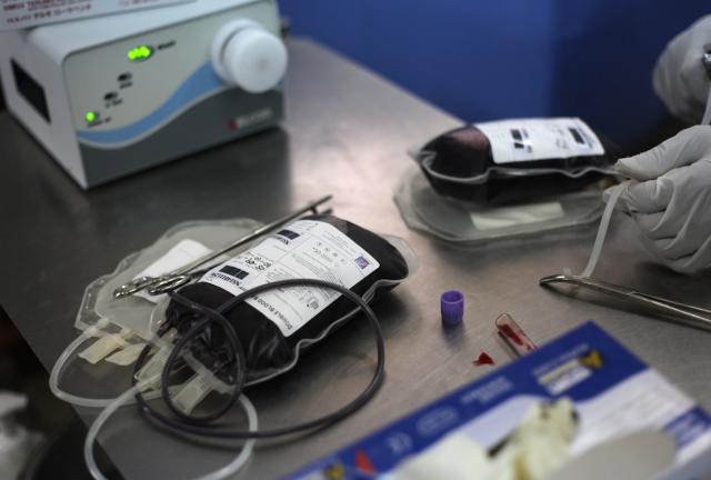 Bags of donated blood are pictured at Korle Bu hospital's blood centre on September 5, 2024 in Accra, Ghana.